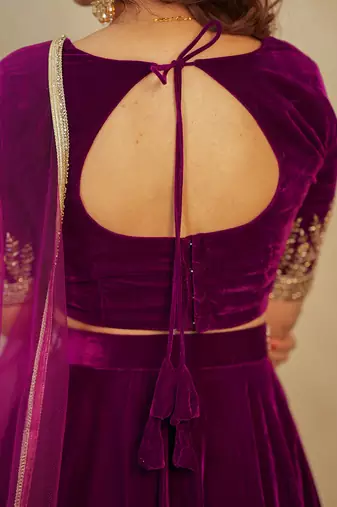 Purple Velvet Embroidery Sequence Work Lehenga Choli Blouse with Dupatta For Women