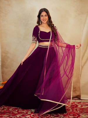 Purple Velvet Embroidery Sequence Work Lehenga Choli Blouse with Dupatta For Women 3
