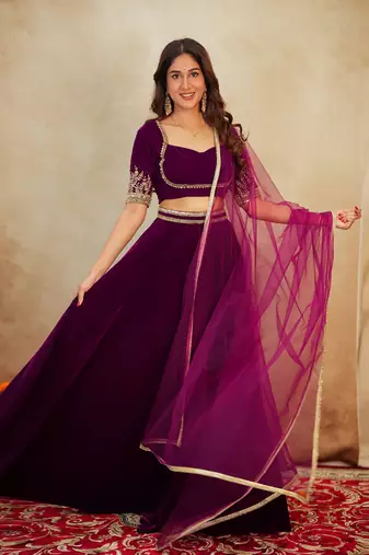 Purple Velvet Embroidery Sequence Work Lehenga Choli Blouse with Dupatta For Women
