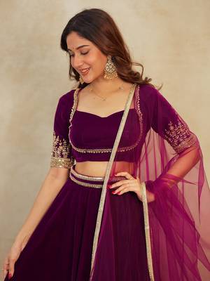 Purple Velvet Embroidery Sequence Work Lehenga Choli Blouse with Dupatta For Women 4