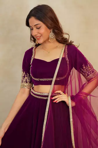 Purple Velvet Embroidery Sequence Work Lehenga Choli Blouse with Dupatta For Women