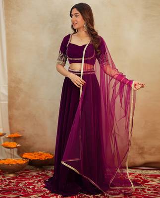 Purple Velvet Embroidery Sequence Work Lehenga Choli Blouse with Dupatta For Women 5
