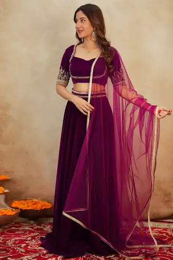 Purple Velvet Embroidery Sequence Work Lehenga Choli Blouse with Dupatta For Women