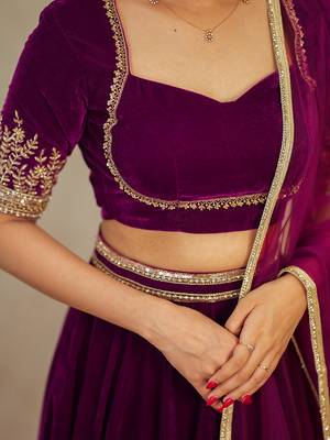 Purple Velvet Embroidery Sequence Work Lehenga Choli Blouse with Dupatta For Women 6