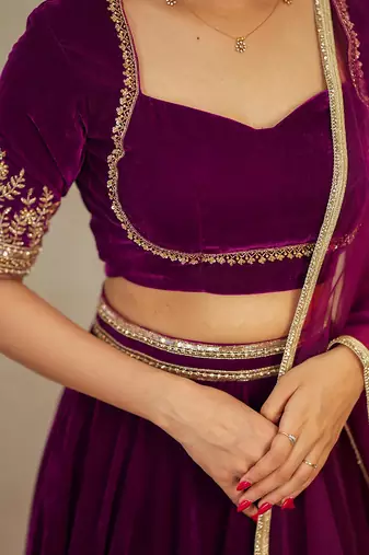 Purple Velvet Embroidery Sequence Work Lehenga Choli Blouse with Dupatta For Women