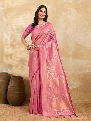 Pink Jaquard Silk Woven Zari Work Traditional Saree With Unstitch Blouse Piece 1