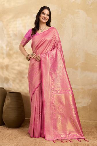 Pink Jaquard Silk Woven Zari Work Traditional Saree With Unstitch Blouse Piece