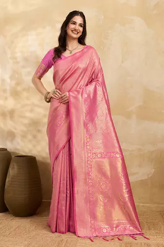 Pink Jaquard Silk Woven Zari Work Traditional Saree With Unstitch Blouse Piece