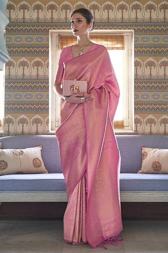 Pink Jaquard Silk Woven Zari Work Traditional Saree With Unstitch Blouse Piece
