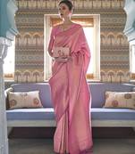 Pink Jaquard Silk Woven Zari Work Traditional Saree With Unstitch Blouse Piece
