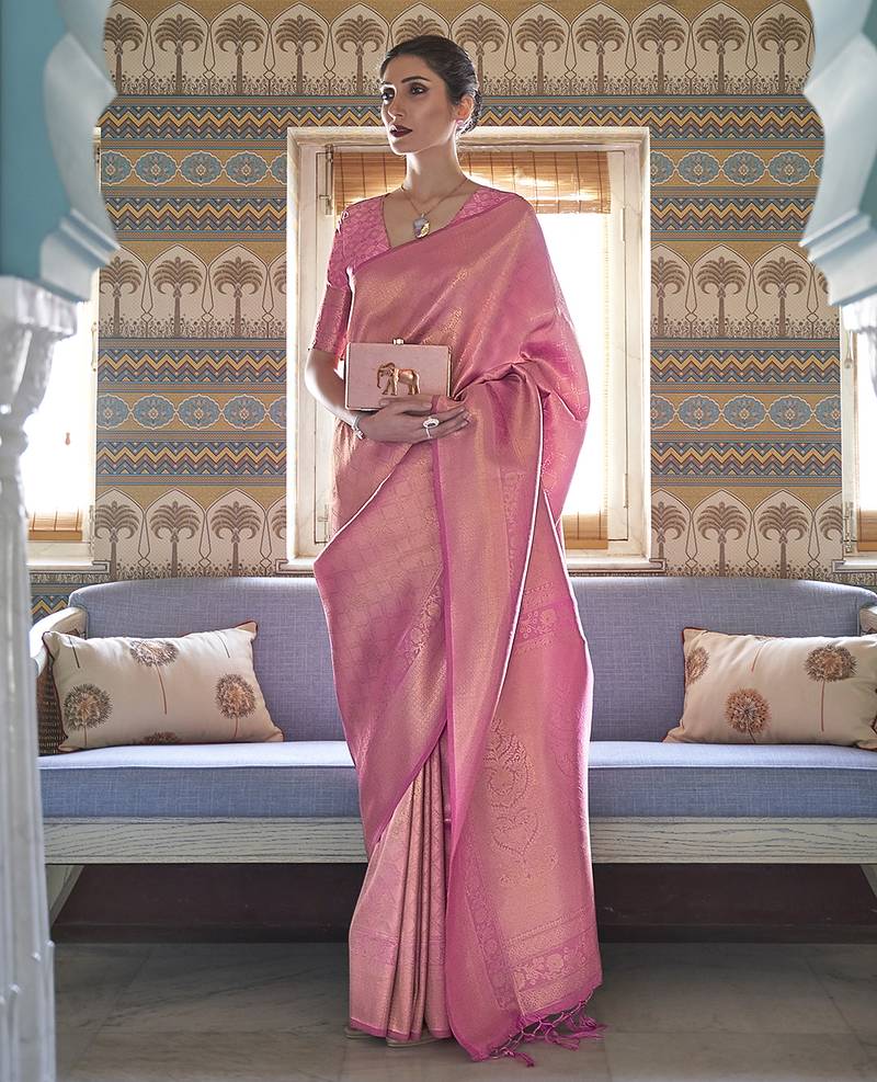 Pink Jaquard Silk Woven Zari Work Traditional Saree With Unstitch Blouse Piece
