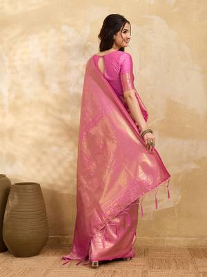 Pink Jaquard Silk Woven Zari Work Traditional Saree With Unstitch Blouse Piece 2