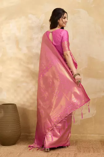 Pink Jaquard Silk Woven Zari Work Traditional Saree With Unstitch Blouse Piece