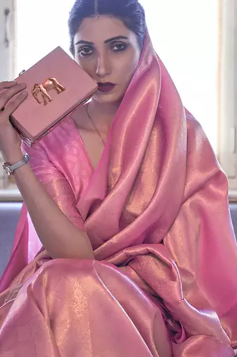 Pink Jaquard Silk Woven Zari Work Traditional Saree With Unstitch Blouse Piece