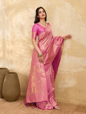 Pink Jaquard Silk Woven Zari Work Traditional Saree With Unstitch Blouse Piece 3