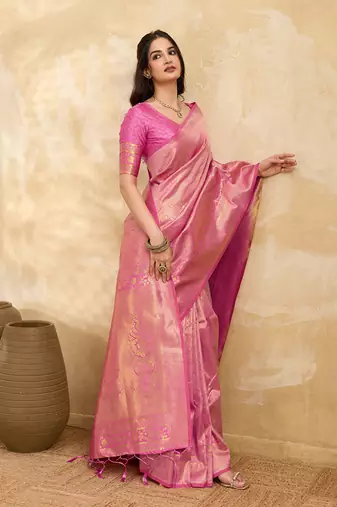 Pink Jaquard Silk Woven Zari Work Traditional Saree With Unstitch Blouse Piece