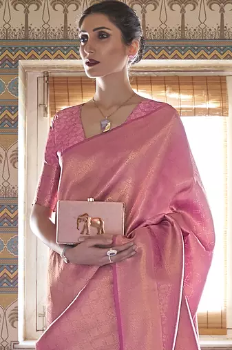 Pink Jaquard Silk Woven Zari Work Traditional Saree With Unstitch Blouse Piece