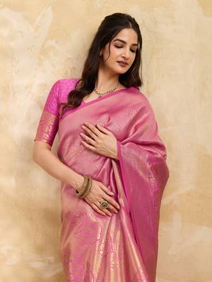 Pink Jaquard Silk Woven Zari Work Traditional Saree With Unstitch Blouse Piece 4
