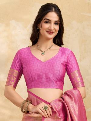 Pink Jaquard Silk Woven Zari Work Traditional Saree With Unstitch Blouse Piece 5