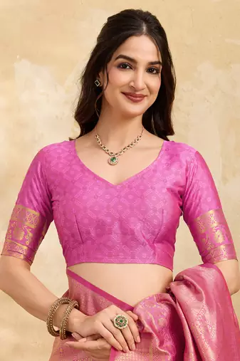 Pink Jaquard Silk Woven Zari Work Traditional Saree With Unstitch Blouse Piece