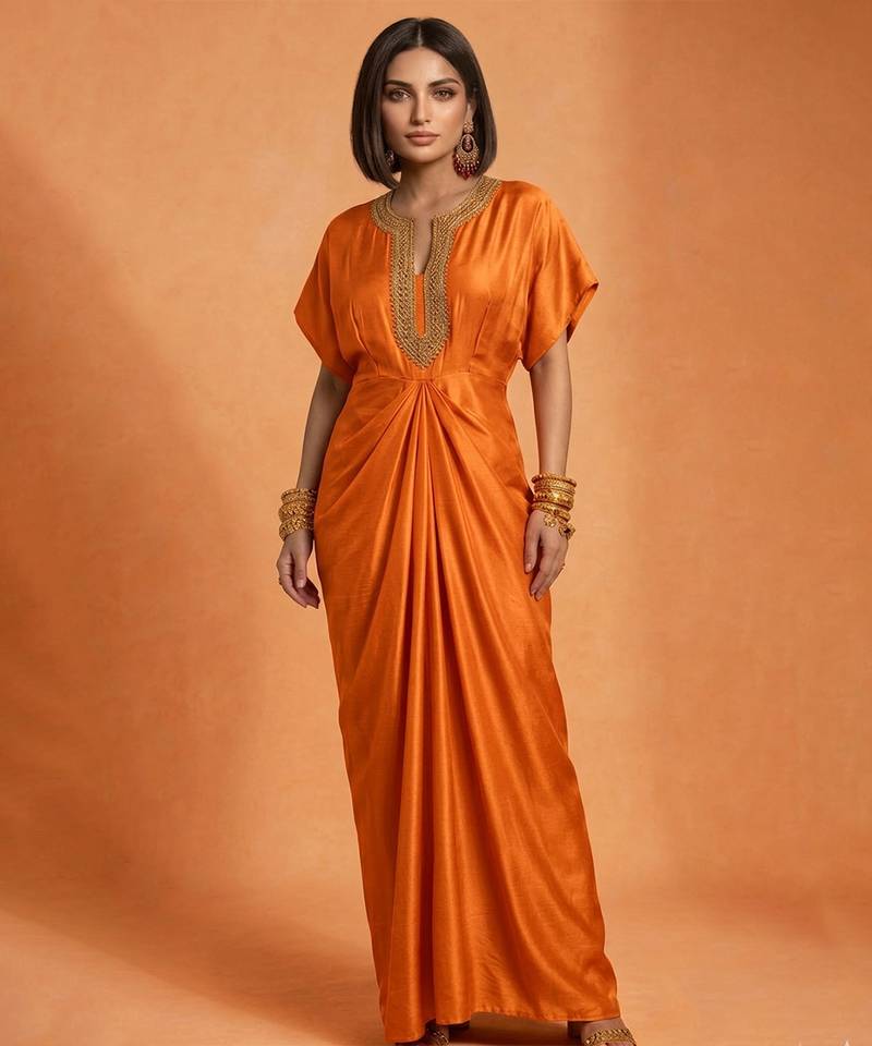 Orange embroidered raw silk kaftan