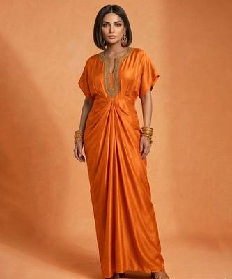 Orange embroidered raw silk kaftan 1