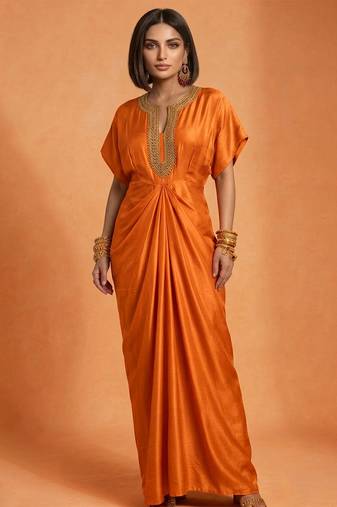Orange embroidered raw silk kaftan