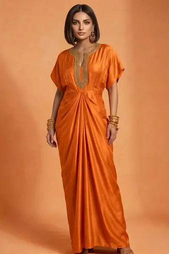 Orange embroidered raw silk kaftan