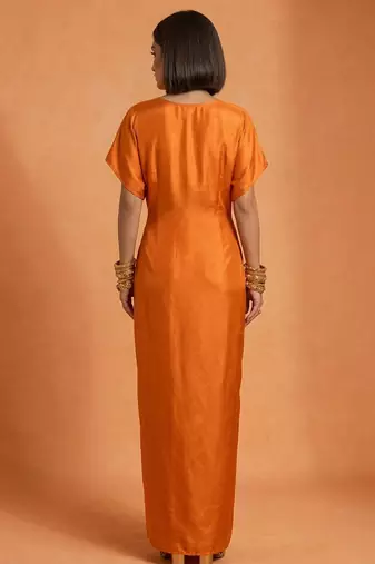 Orange embroidered raw silk kaftan