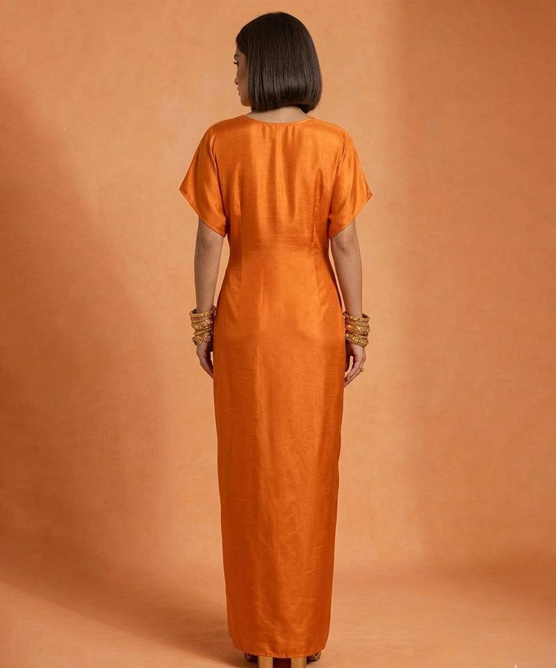 Orange embroidered raw silk kaftan