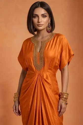 Orange embroidered raw silk kaftan