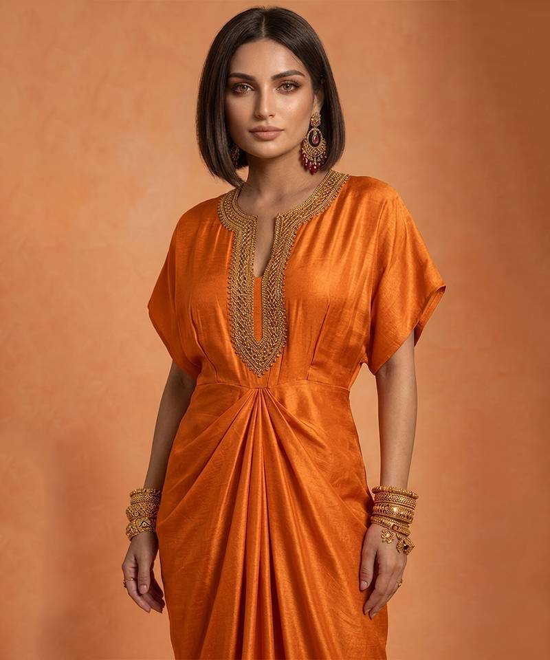 Orange embroidered raw silk kaftan
