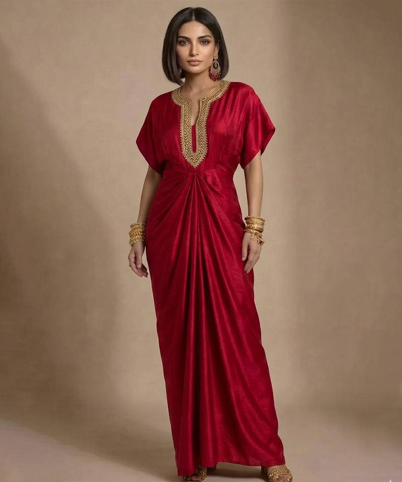 Ruby red embroidered raw silk kaftan