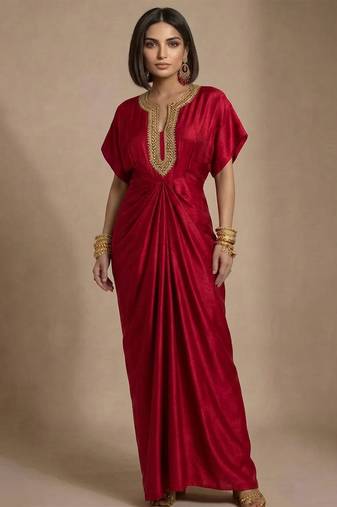 Ruby red embroidered raw silk kaftan