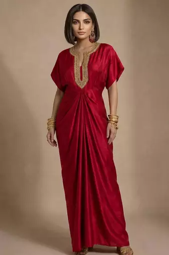 Ruby red embroidered raw silk kaftan