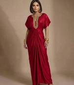 Ruby red embroidered raw silk kaftan