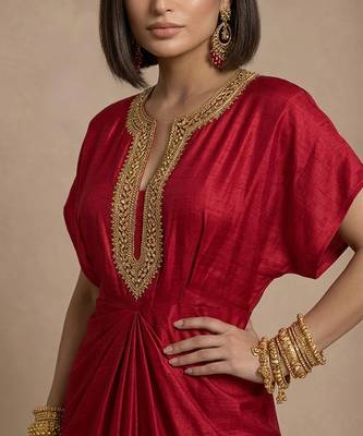 Ruby red embroidered raw silk kaftan 2