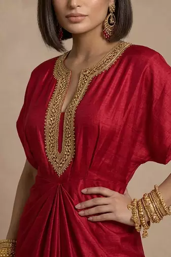 Ruby red embroidered raw silk kaftan