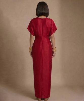 Ruby red embroidered raw silk kaftan 3
