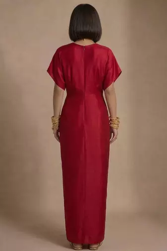 Ruby red embroidered raw silk kaftan