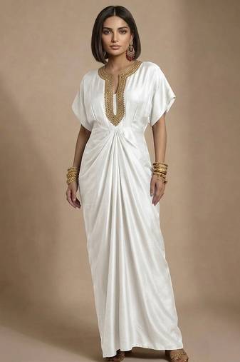 Ivory embroidered raw silk kaftan