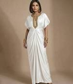 Ivory embroidered raw silk kaftan