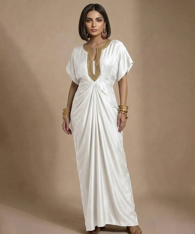 Ivory embroidered raw silk kaftan