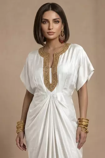 Ivory embroidered raw silk kaftan