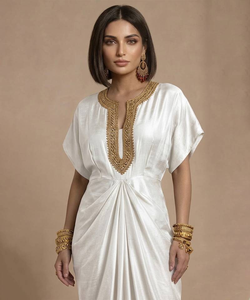 Ivory embroidered raw silk kaftan