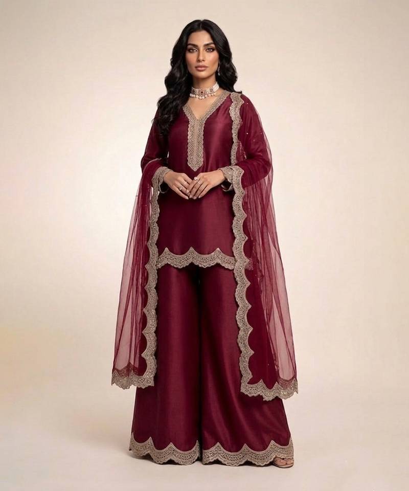 Maroon embroidered satin sharara set