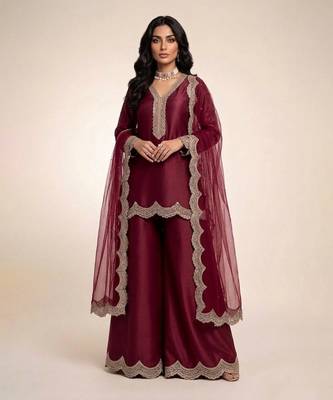 Maroon embroidered satin sharara set 1