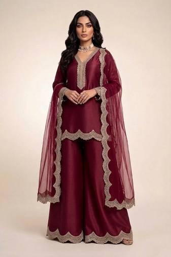Maroon embroidered satin sharara set