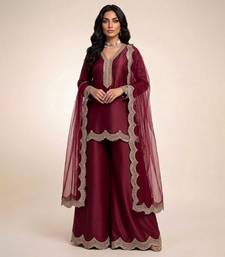 Maroon embroidered satin sharara set