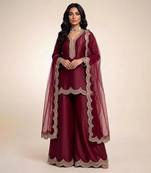 Maroon embroidered satin sharara set